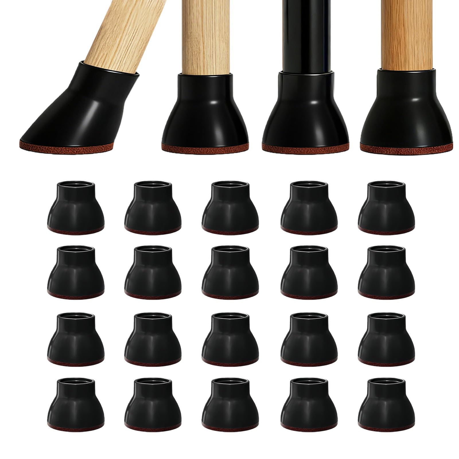 Chair Leg Floor Protectors 24 Pcs, Black Chair Leg Covers with Wrapped Felt Pads for Hardwood Floors, Heavy Duty Furniture Feet Protectors, Non-Slip Rubber Furniture Caps, Ø15-20mm