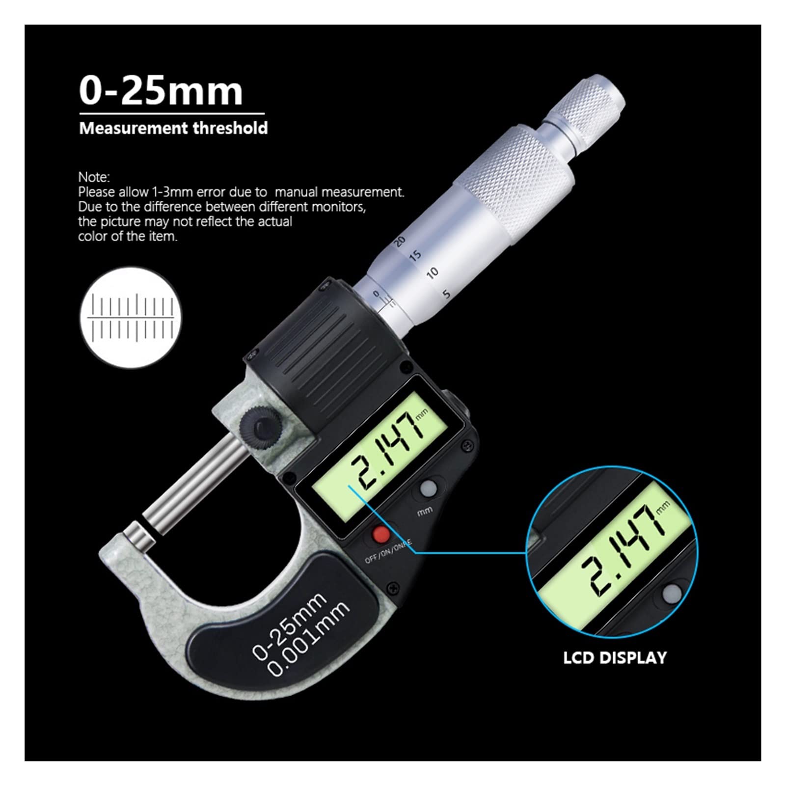 Mikrometr, Mikrometr cyfrowy 0-25 mm 0.001mm Suwmiarka Elektroniczne Mikrometr Outside Chromowane Zaciski Pomiarowe Narzędzia Pomiarowe