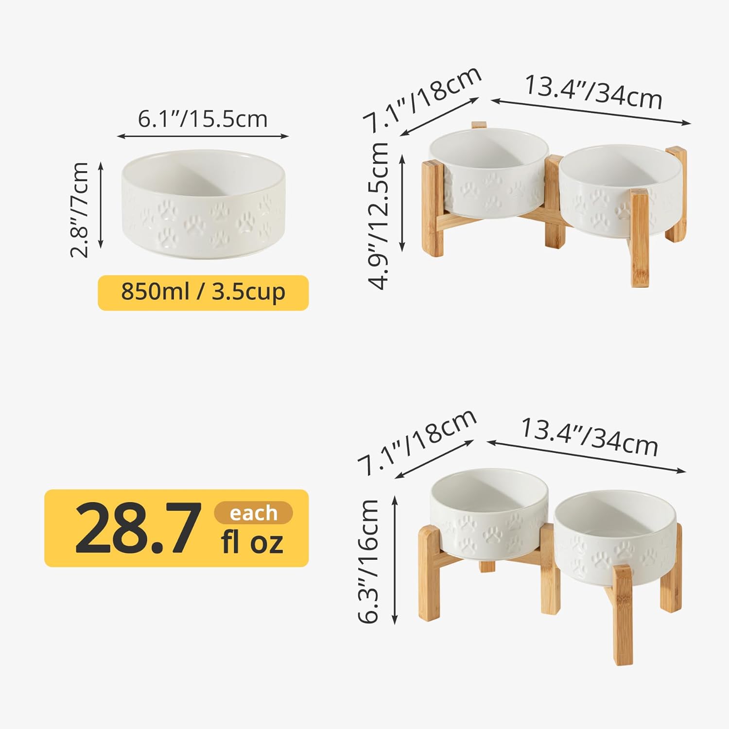 Elevated Ceramic Dog Bowl Set, 6" Dog Bowls with Dual Fixed Heights Stand, 3.5 Cup Food and Water Bowls for Small Breed Dogs, Microwave Safe (Double Bowls + Stand - White, 6 inch)