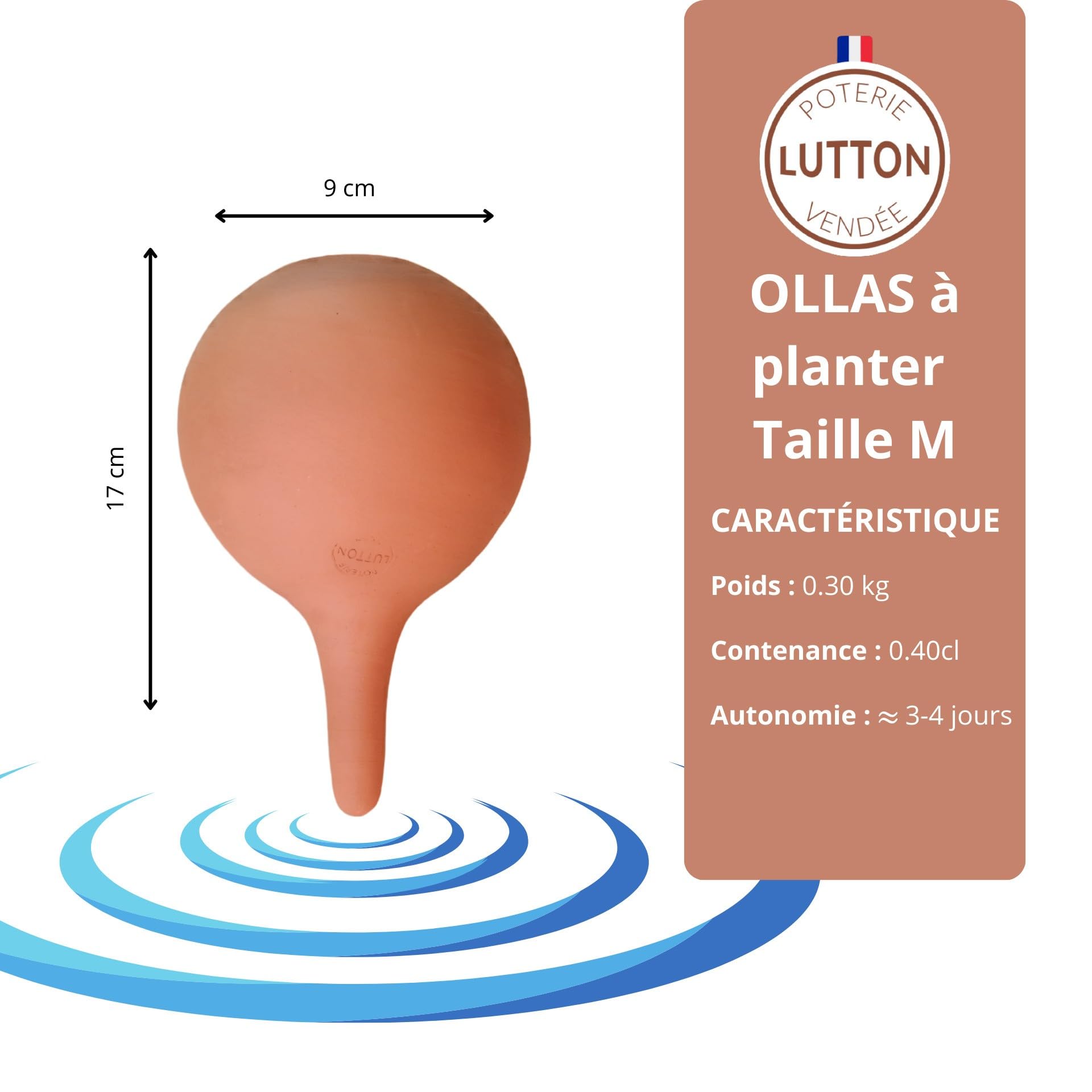 Ollas Lutton Olla Terre Cuite à Planter 40cl | Arrosage Automatique et Ecologique pour Plante d'Intérieur et d'Extérieur | Système d'Irrigation Naturel | Autonomie 3 Jours | Ollas Bleu Canard