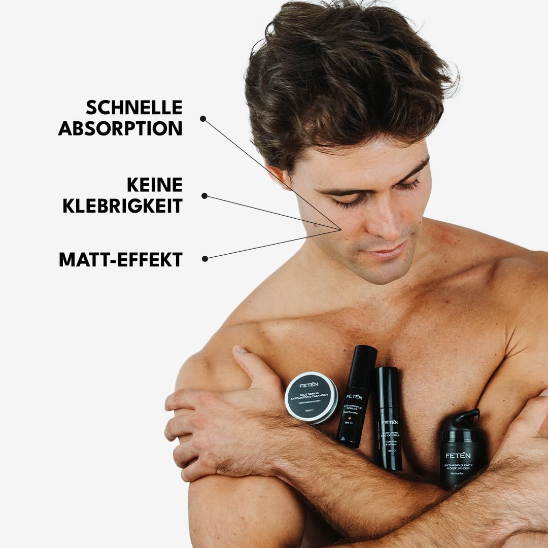 FETEN 360 Gesichtspflege Set für Männer – Männer Geschenkset 4-in-1 mit Gesichtspeeling, Anti-Falten Serum mit Vitamin C, Feuchtigkeitscreme & Augencreme gegen Augenringe