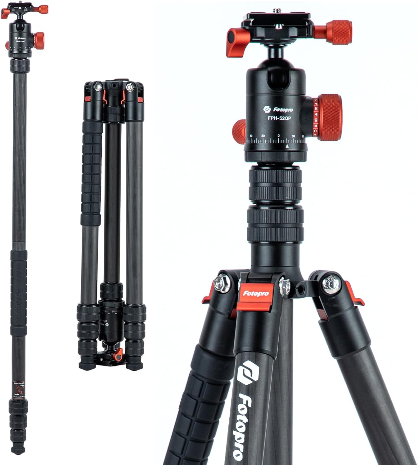 Fotopro 73" Carbon Fiber Tripod for Camera Compact Travel Tripod with Ball Head Detachable Monopod with Quick Release Plate and Camera Bag Load up to 22lbs/10KG X-Go Plus E2 Orange