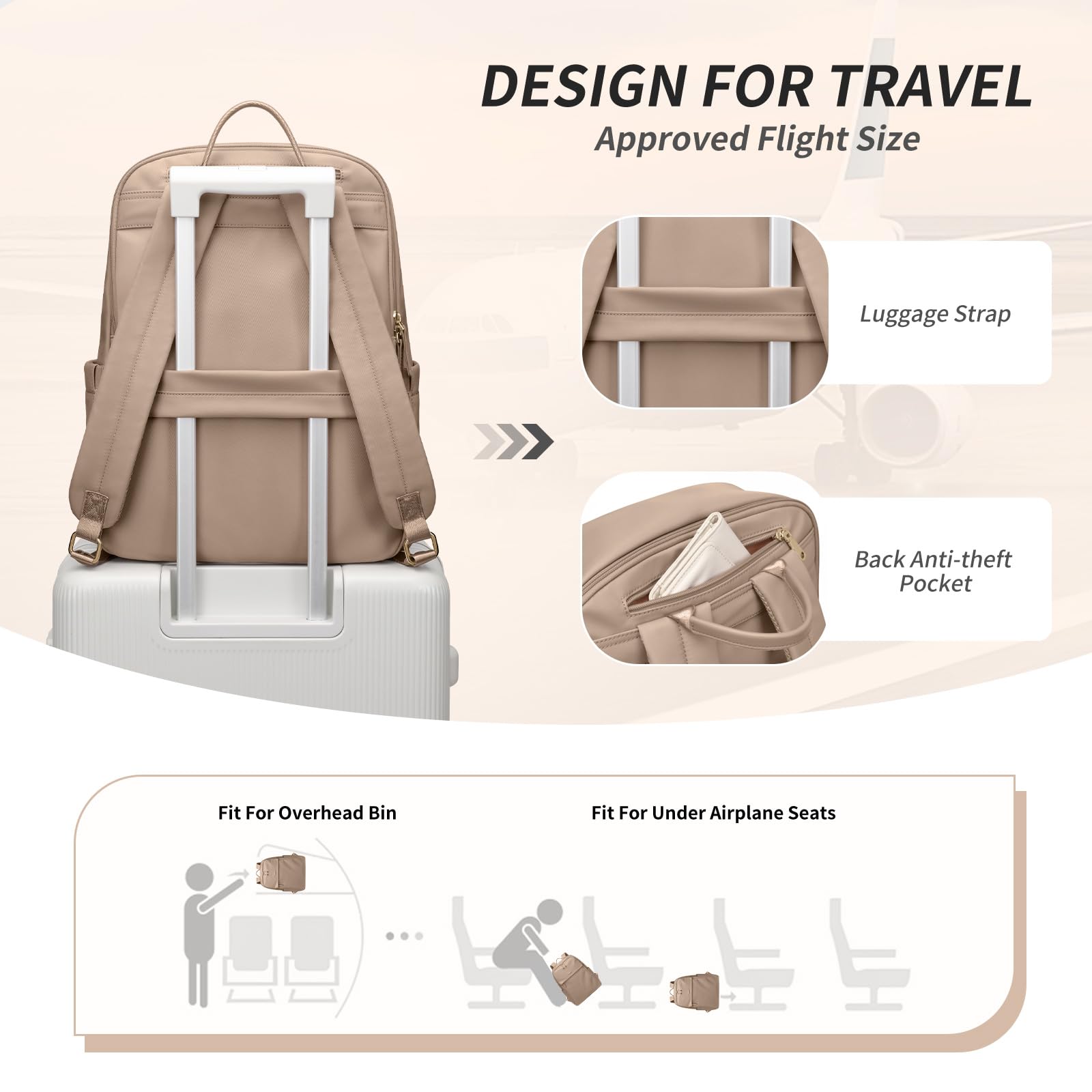 GOLF SUPAGS Frauen Rucksack Casual Daypack für Arbeit Reisen Hochschulen Rucksack Geldbörse Fits 14 Zoll Notebook (Champagnerfarben)