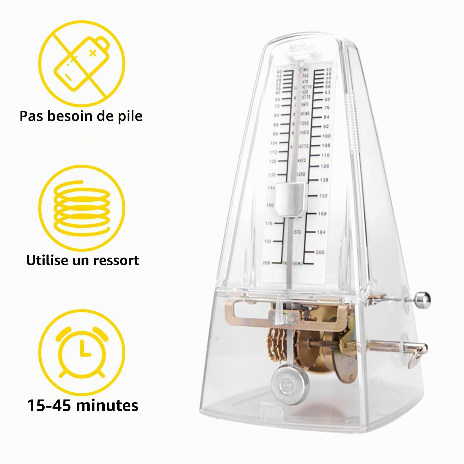 Métronome mécanique transparent Métronome mécanique pour piano, guitare, ukulélé, violon et chromatique, son fort, haute précision Track Beat et Tempo