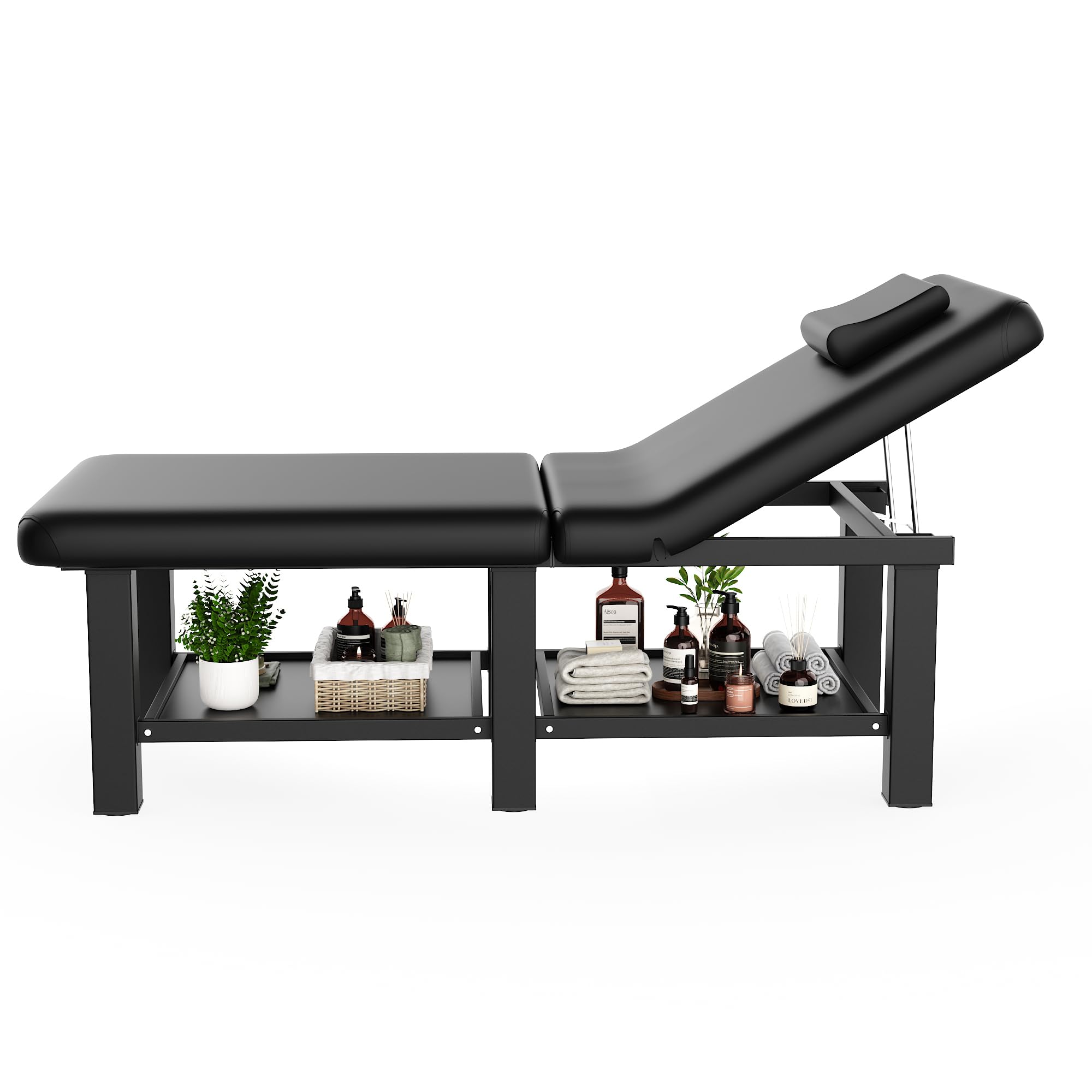Dolonm 30.5in Wide × 75in Long Stationary Massage Table with Backrest and Storage Space, Metal Frame PU Leather for Treatment Table Physical Therapy Table Spa Facial Bed, Black - 6 Square Legs
