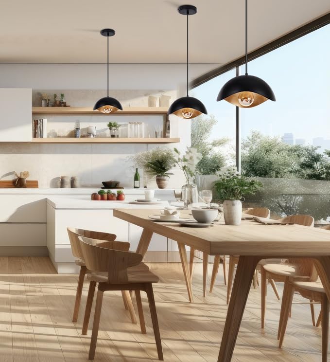 Miniatura 6 de Lámpara colgante de onda moderna, pantalla de cúpula negra y dorada, lámpara de techo LED con bombilla de globo, luz colgante contemporánea para