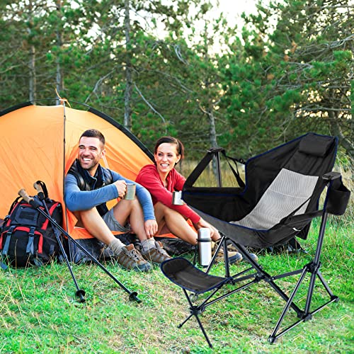 COSTWAY Hammock Camping Chair, Folding Swing Chair with Adjustable Back, Head Pillow, Cup Holder & Carry Bag, Portable Rocking Recliner for Picnic Fishing Hiking (with Retractable Footrest, Black) - Image 2