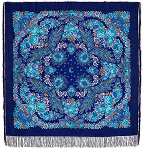 Proclamation 100% Wool Russian Shawl With Silk Fringe 57.5Х57.5'' (146X146 Cm) Dark Blue #TOP4