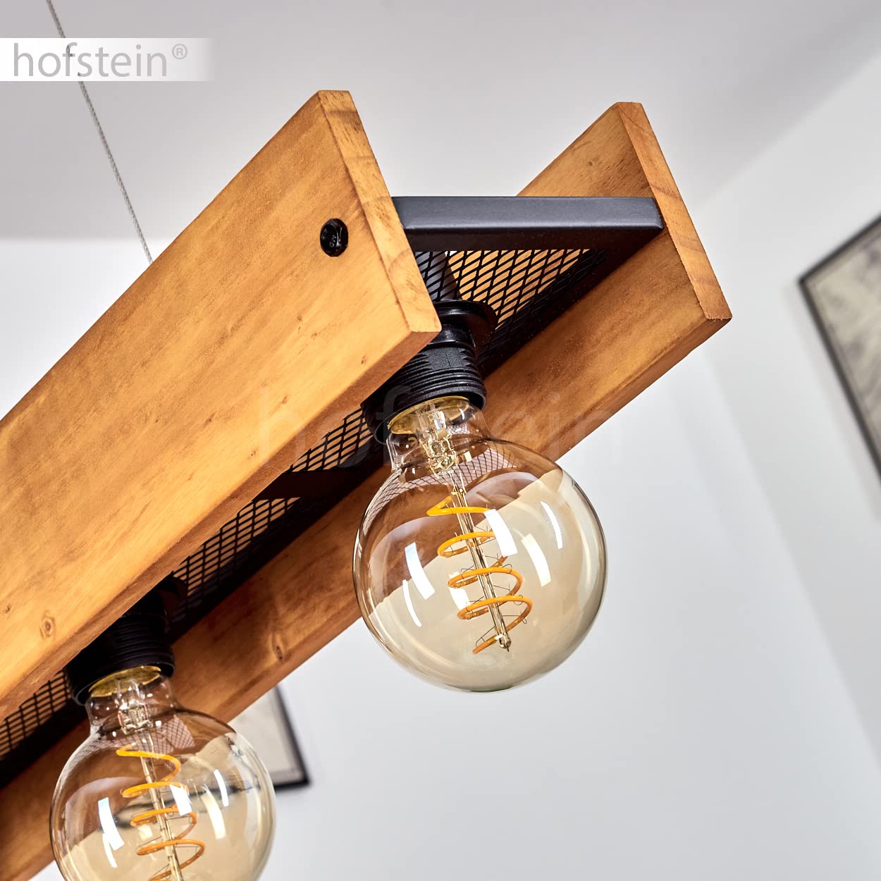 Lampada a sospensione Maahui, lampada in metallo/legno in nero/marrone dal design vintage, con paralume in look reticolo e travi in legno, altezza massima 148 cm, 4 luci, 4 x E27, senza lampadina/e