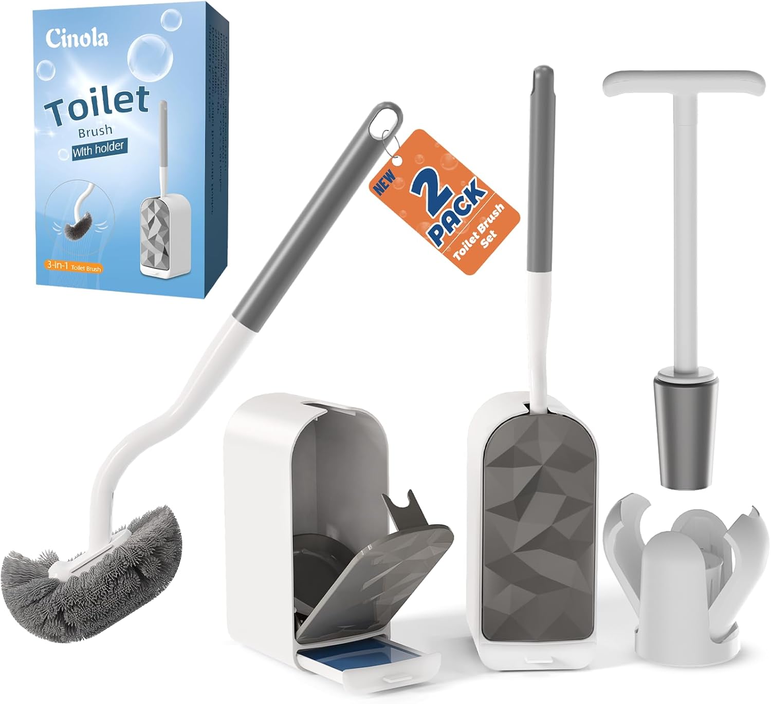 Toilet Plunger with Holder, Wall Mounted Toilet Bowl Plunger with Hideaway Caddy, Toilet Brush and Holder 2 Set