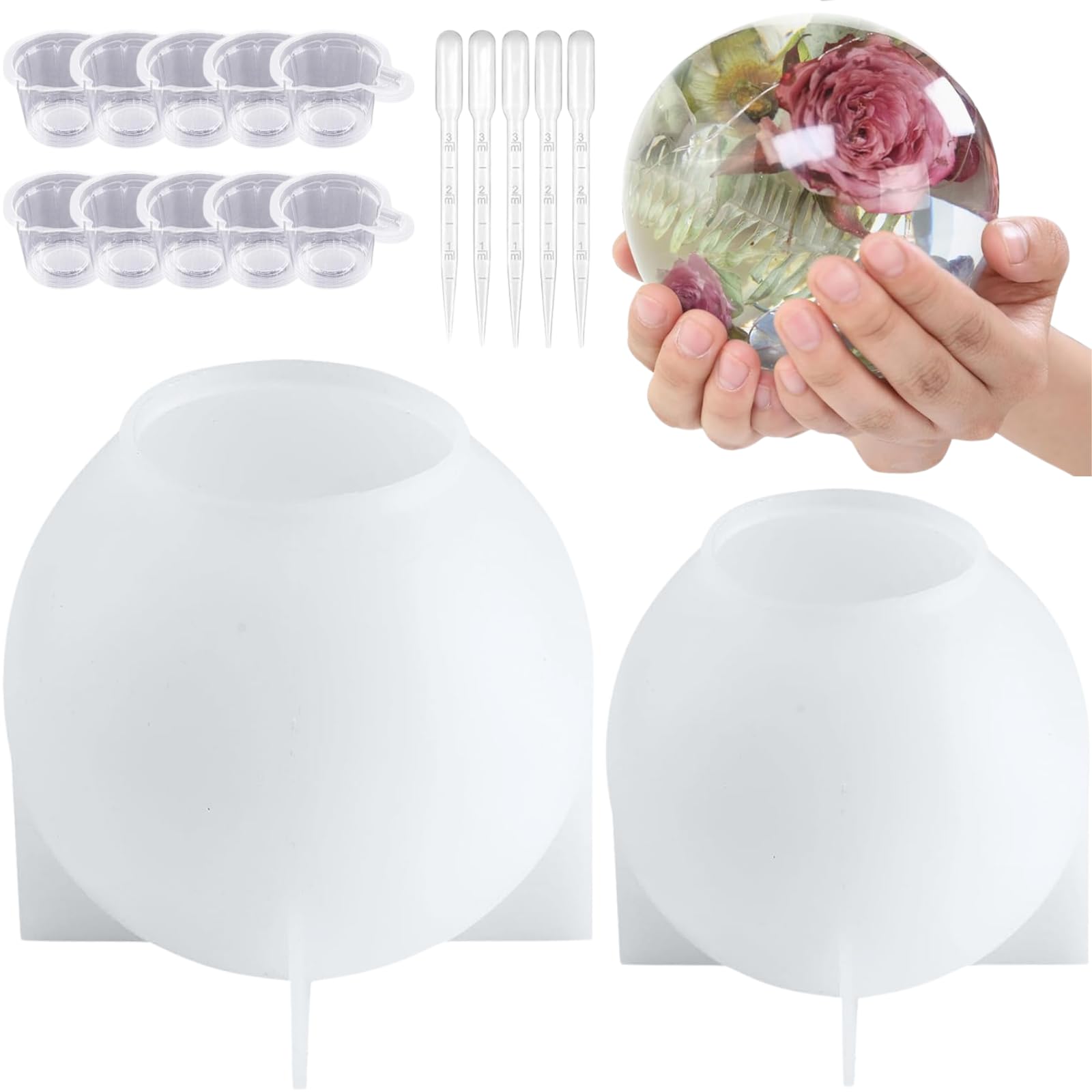 Atarvana 2 Pcs Large Sphere Resin Molds, 4.7'' & 4'' Ball Shape Silicone Molds w/ 5 Droppers & 10 Disposable Mixing Cups, Seamless Globe Epoxy Casting Mould for DIY Crafts Flower Keepsakes Home Decor