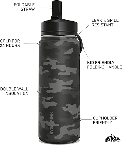 Miniatura 2 de Hydrapeak Mini botella de agua para niños de 20 onzas con tapa con popote, botella de agua aislada de doble pared de acero inoxidable para niños,