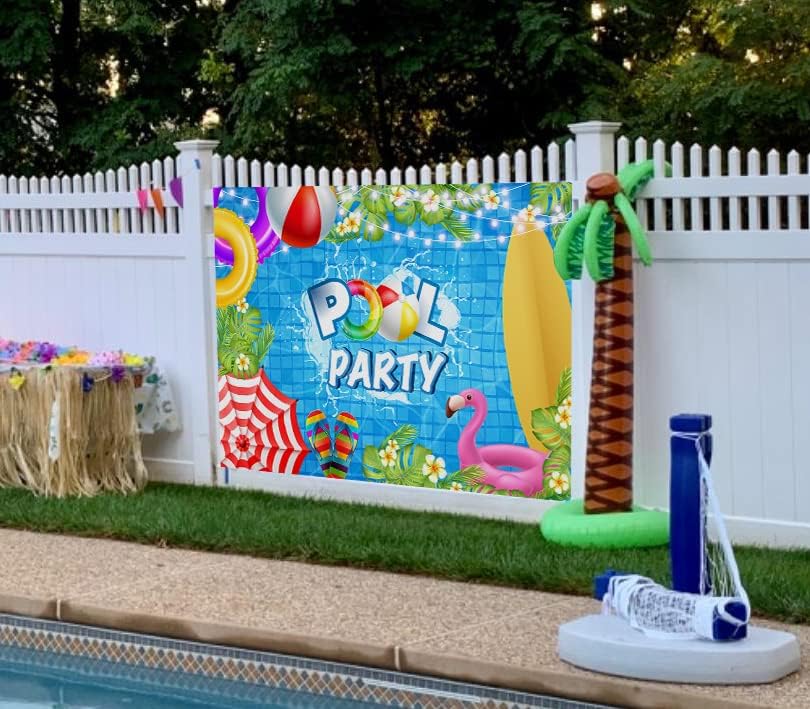 Miniatura 2 de Telón de fondo para fiesta en la piscina, 8 x 6 pies, anillo de natación, tabla de surf, palmera tropical, flor, flamenco, fotografía, fondo, baby
