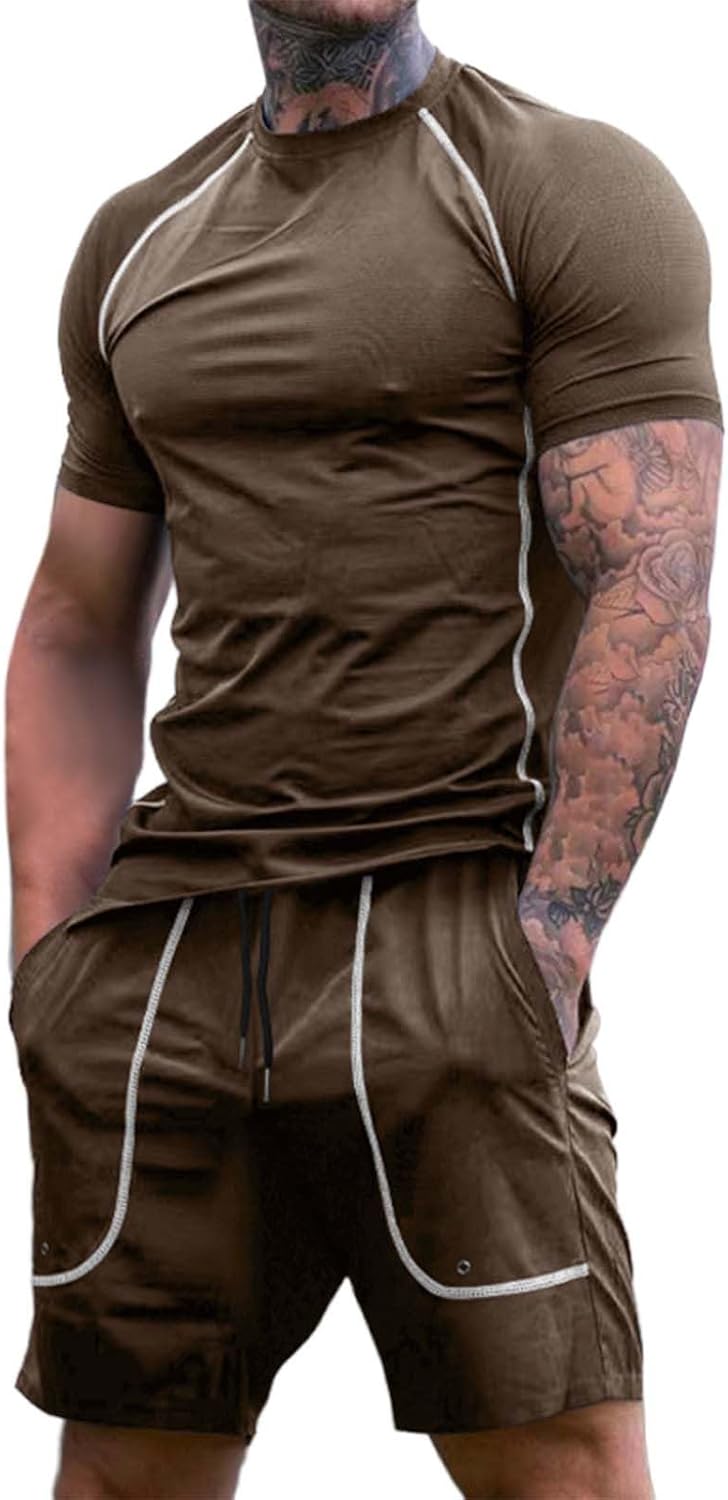 Cocila Men’s Summer Casual Breathable Round Neck Sports T Shirt Top Shorts Suit Mens Homecoming Outfit Tracksuit Mens Full Set Mens Tracksuit Set Red and Black Tracksuit Set