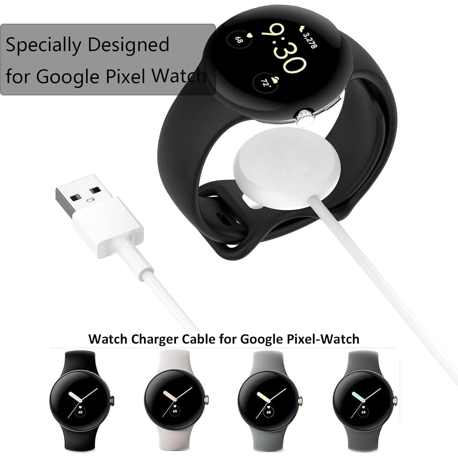 USB Watch Charger Cable for Google Pixel-Watch, Magnetic Replacement Charging Cable Cord Stand for Google Pixel Smartwatch, White, 3.3FT