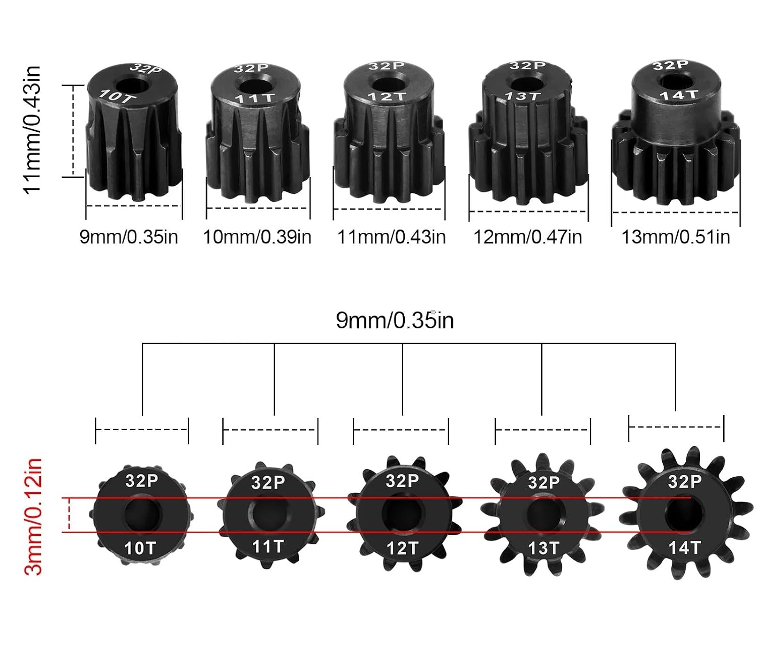 Pinion Gear 10pcs Steel Hardened 32P Pinion Gears 10T 11T 12T 13T 14T 3.175mm Shaft for 1/10 RC Car