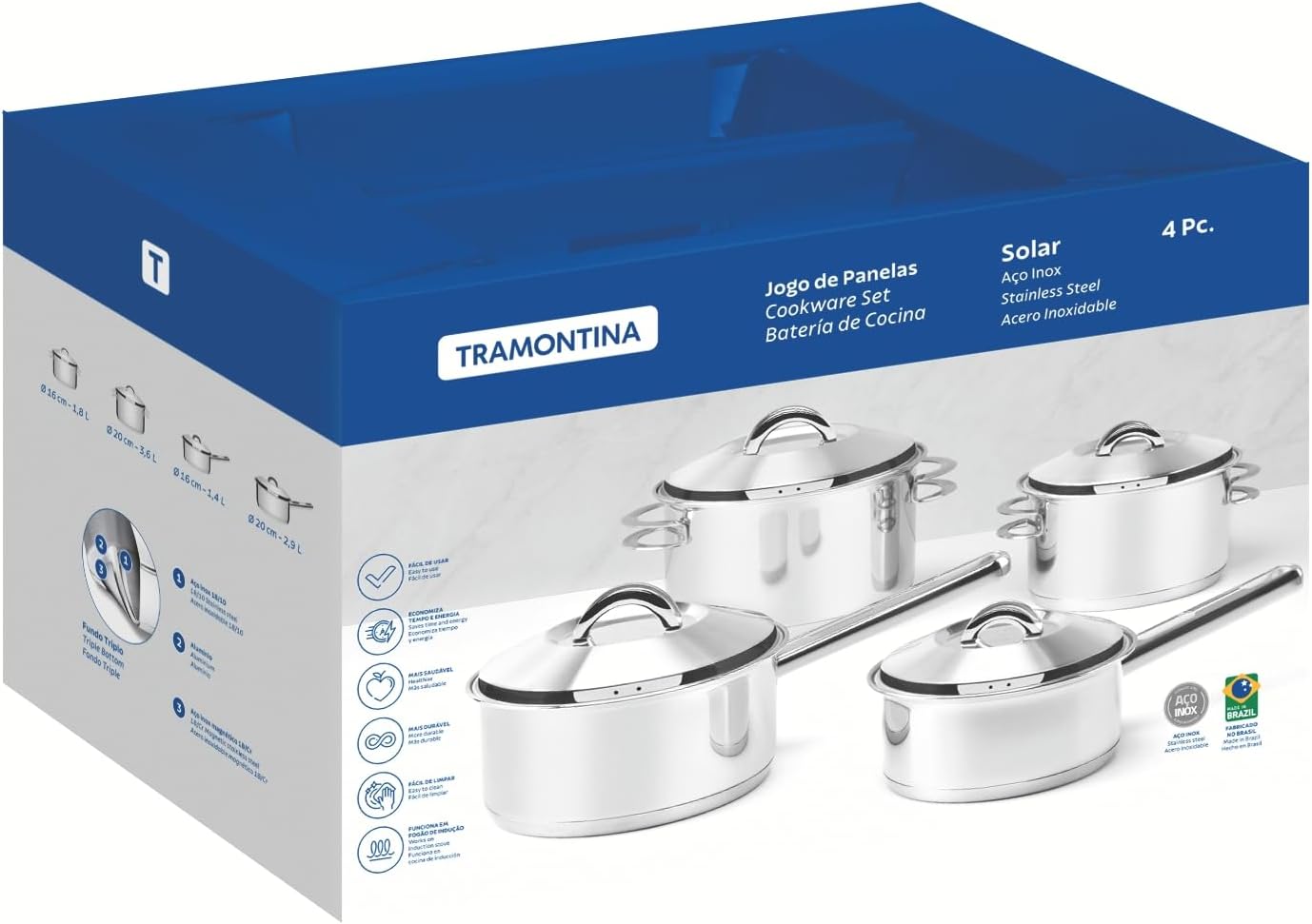 Jogo de Panelas com Fundo Triplo, Tramontina, Solar 65510760, Inox
