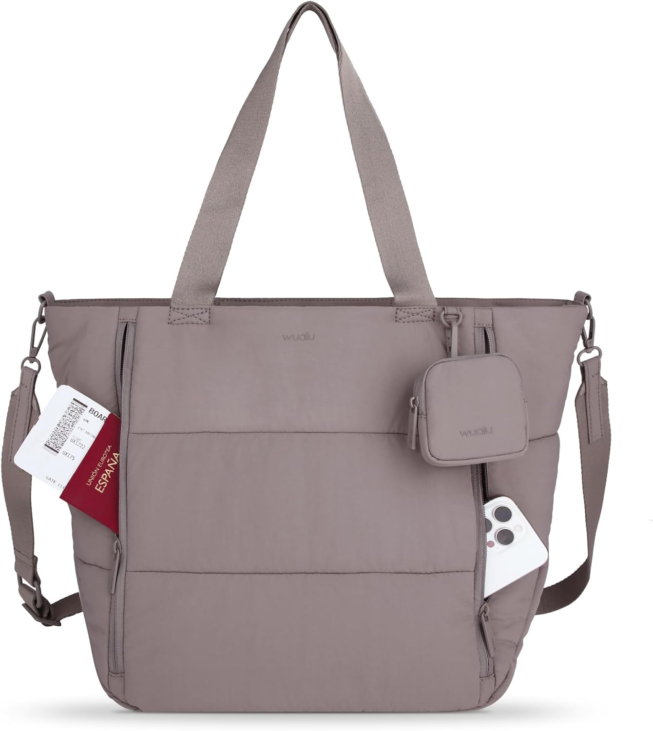 Puffer Tote Bag - Quilted Tote Bag for Women with Mini Pouch Bundle with Laptop Pocket - For Travel, Work, Gym, Yoga