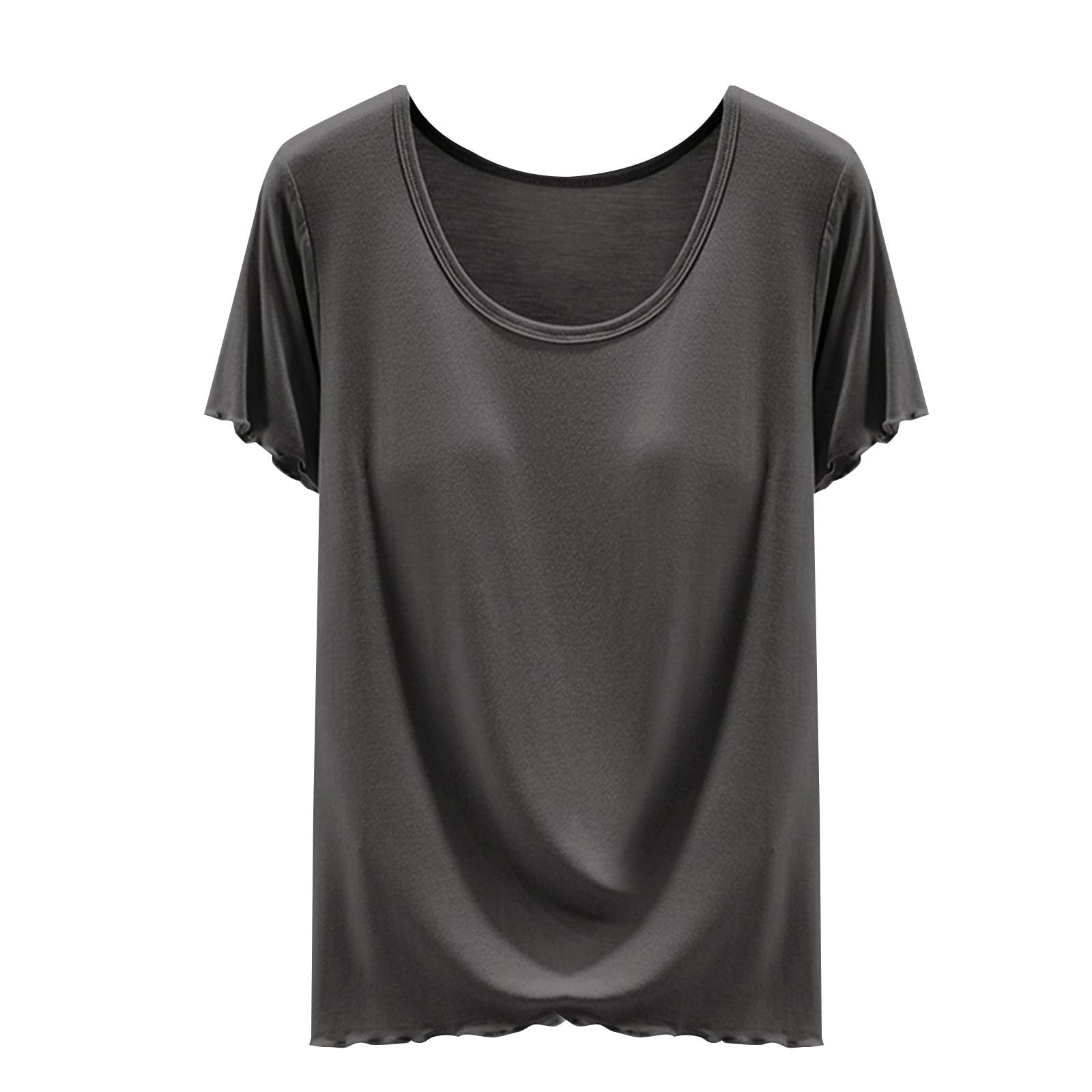 Women Tops with Built in Bra Modal Shirts Summer Short Sleeve Crewneck Shirt Shelf Bra Layering Tee Yoga Clothes 2026(Gray, XL)