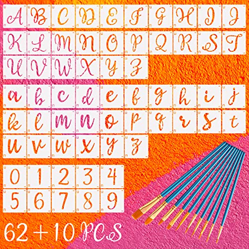 DaKuan 62pc Letter & Number Stencils - 3 Inch, 10 Brushes for Painting, Sketching, Marking on Wood & Art