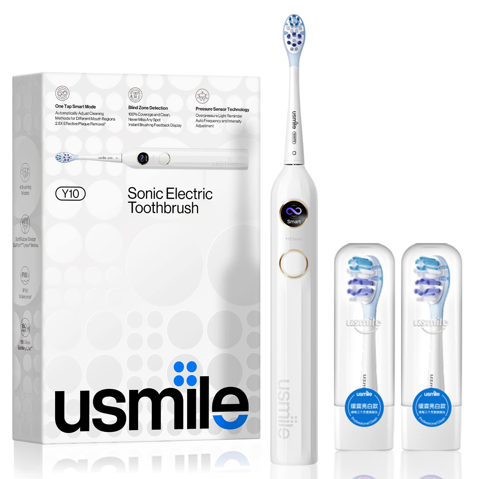 usmileY10 Sonic Electric Toothbrush - Feedback Display, 4 Brushing Modes, Soft Rubber Brush Head, IPX8 Waterproof, 6 Months Battery Life, Smart Mode, Blind Zone Detection and Pressure Sensor (White)