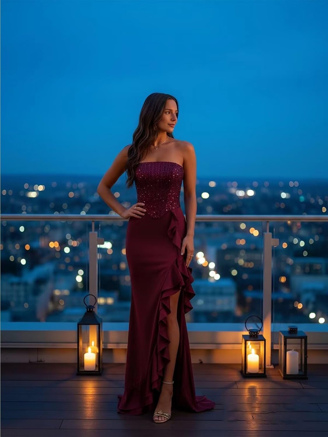 Sparkly Sequin Prom Dress for Women 2026 Long Strapless Satin Ruffle Mermaid Formal Evening Gowns