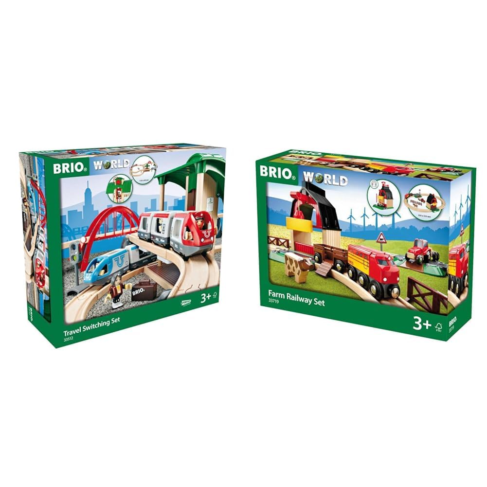 BRIO World 33512 Großes Bahn Reisezug Set – Eisenbahn mit Bahnhof, Schienen und Figuren & Bahn Bauernhof Set – Holzeisenbahn mit Bauernhof, Tieren und Holzschienen – empfohlen ab 3 Jahren