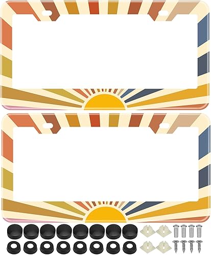 Juego de 2 marcos para placa de matrícula con diseño de arco iris y diseño de sol hippie, de acero inoxidable, con tapas de rosca, 2 agujeros