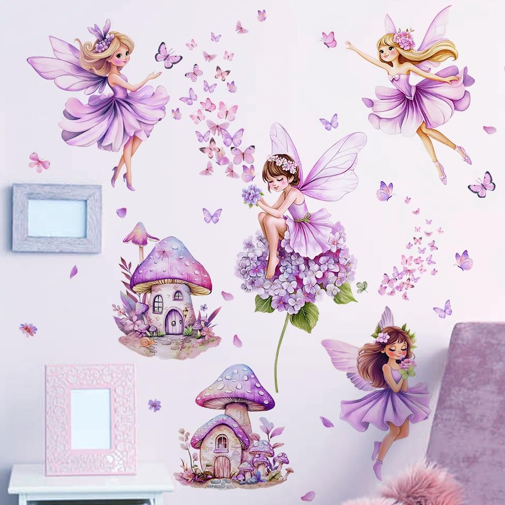 WandSticker4U® - Wall Sticker Fairy and Butterfly Purple (101 x 68 cm) I Wall Sticker for Children's Room Girls Fairies Elves Flowers I Wall Sticker Children's Room Decoration Girls Princess