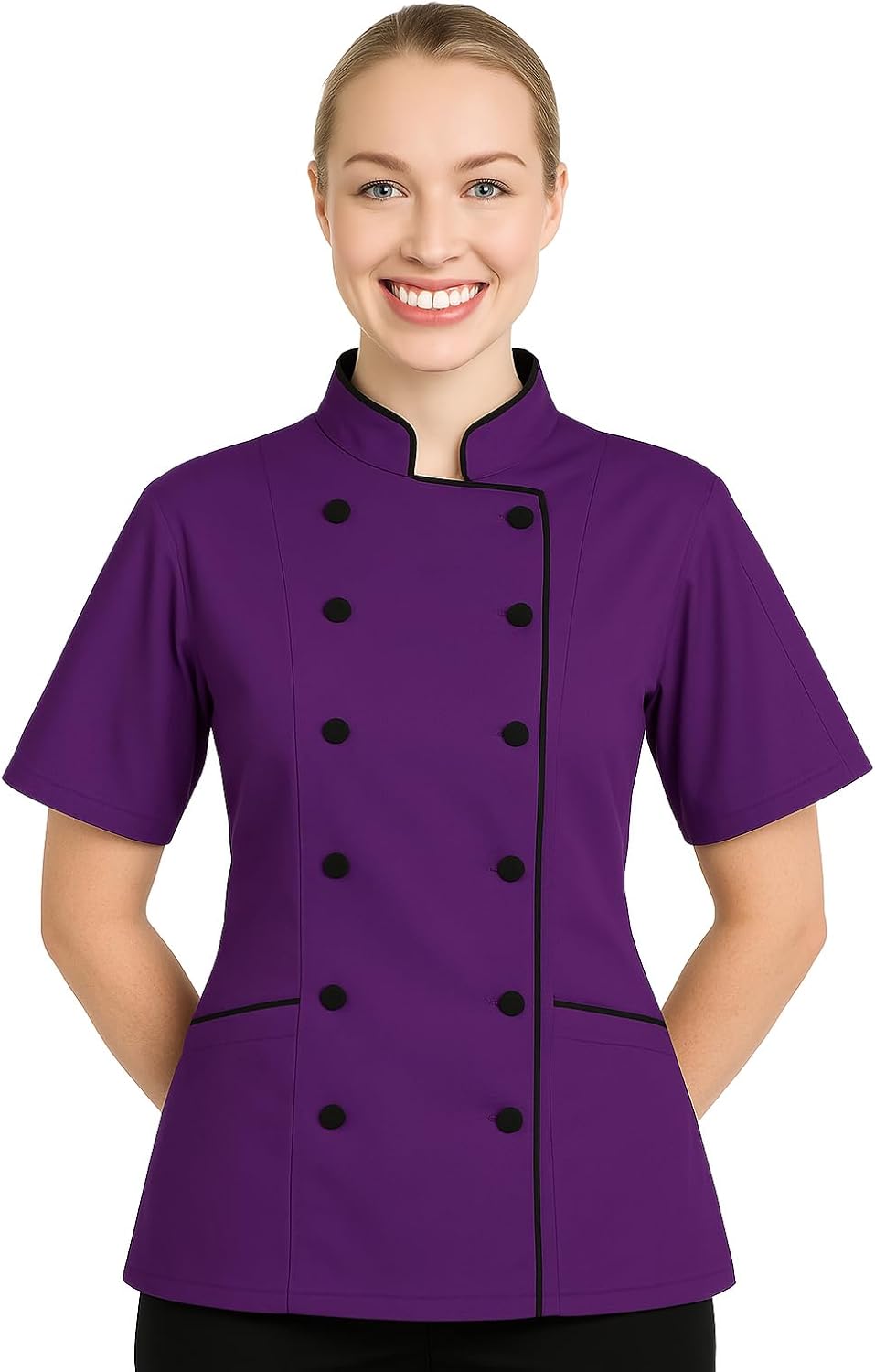 Women’s Short Sleeve Chef Coat – Double-Breasted Kitchen Uniform with Black Trim & Modern Fit