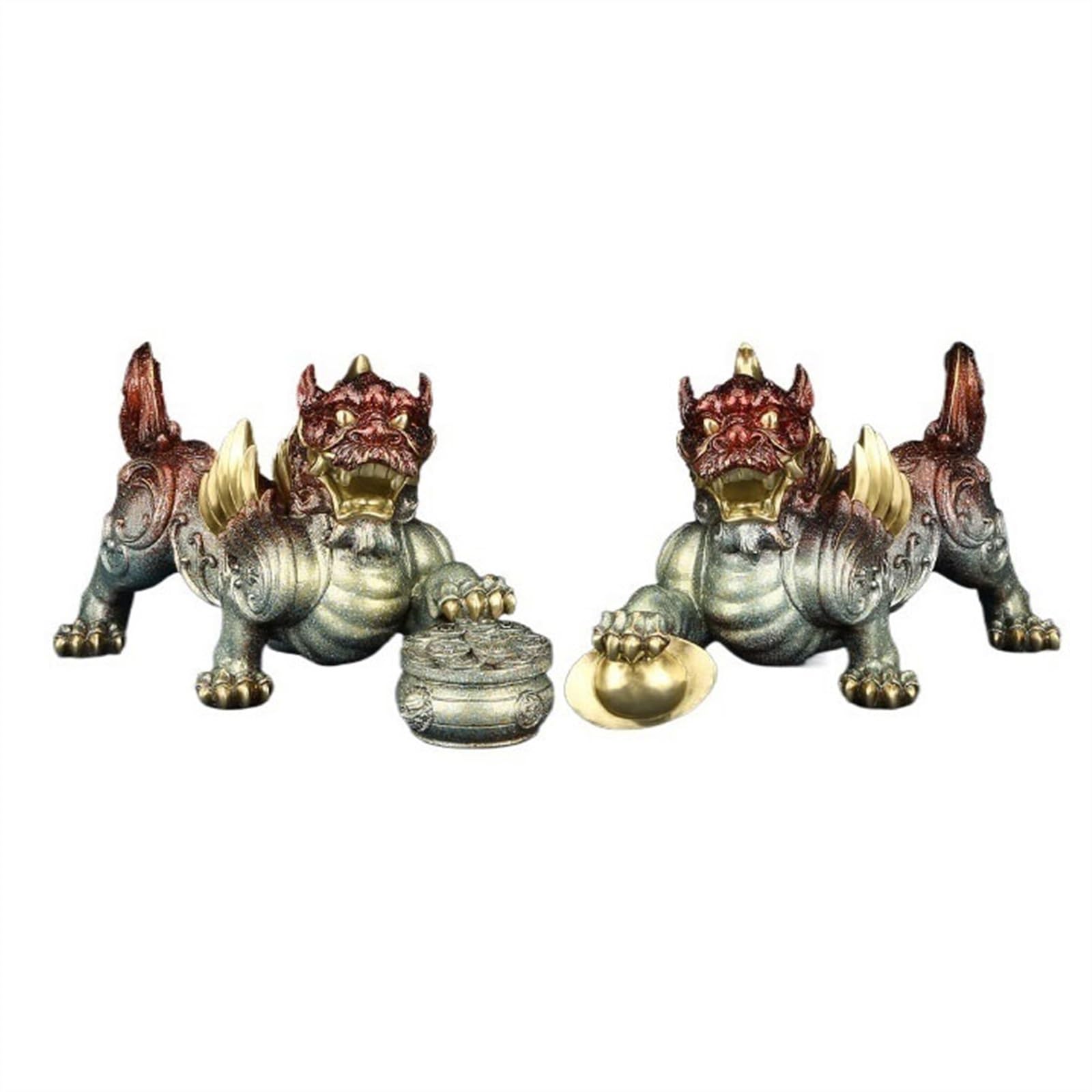 BHGFYXBS Tabletop Figurines 1 Pair Of Brass Pixiu Ornaments Vintage Yuanbao Treasure Pot Office Desktop Furnishings To Improve Feng Shui Decor Home Decor Statue,One Color-L