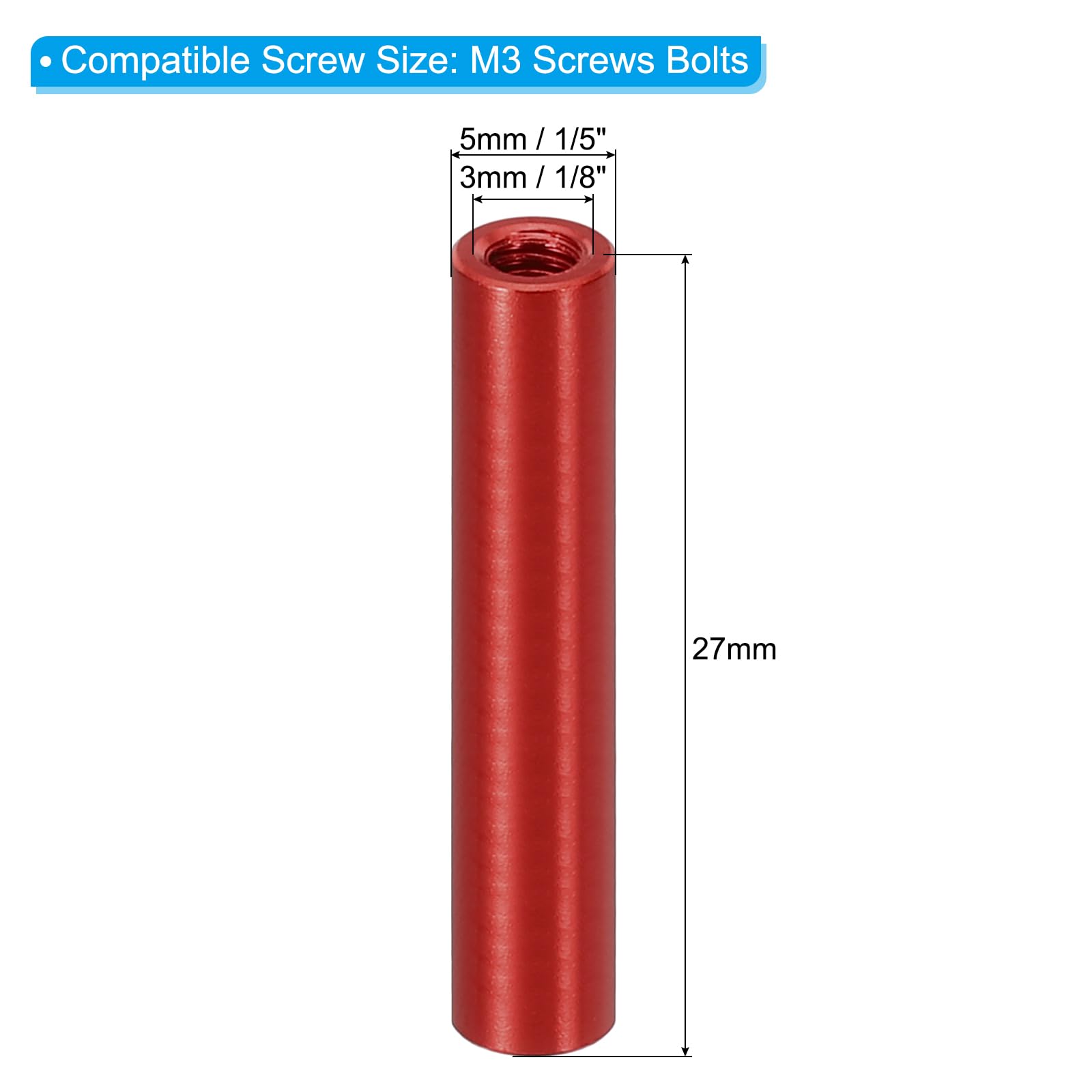 PATIKIL 6pcs M3 Metal Threaded Standoff Spacer Nuts, Round Aluminum Spacers Female Coupling Screws, 1/8" ID x 3/16" OD, Red, (27mm L) - Image 2