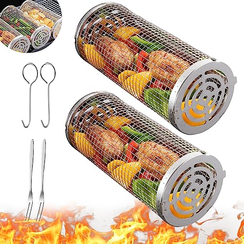 Wrakus Rolling Grilling Baskets for Outdoor - Grill Grate Charcoal Round BBQ Stainless Steel Basket Campfire Grid Camping Picnic Cookware (2L)