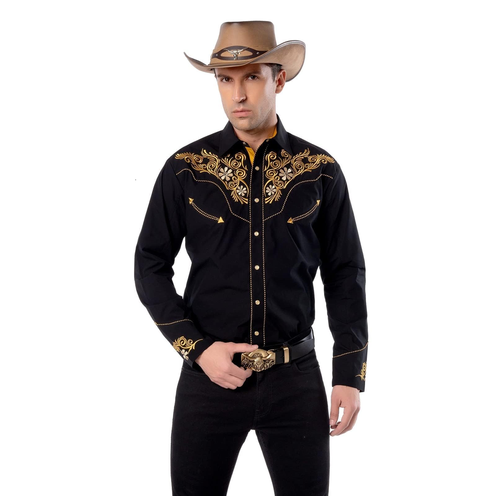 Men's Western Shirt Long Sleeve Embroidered Cowboy Casual Snap Button Shirt