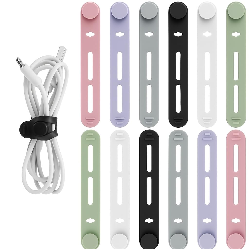 Trifletopia 12PCS Reusable Cable Ties - Cable Tidy Clips - Silicone Wire Organiser Straps - Flexible Cord Management for Earphone, Charger, USB, Computer Cables - 12x80mm (Multicolour)