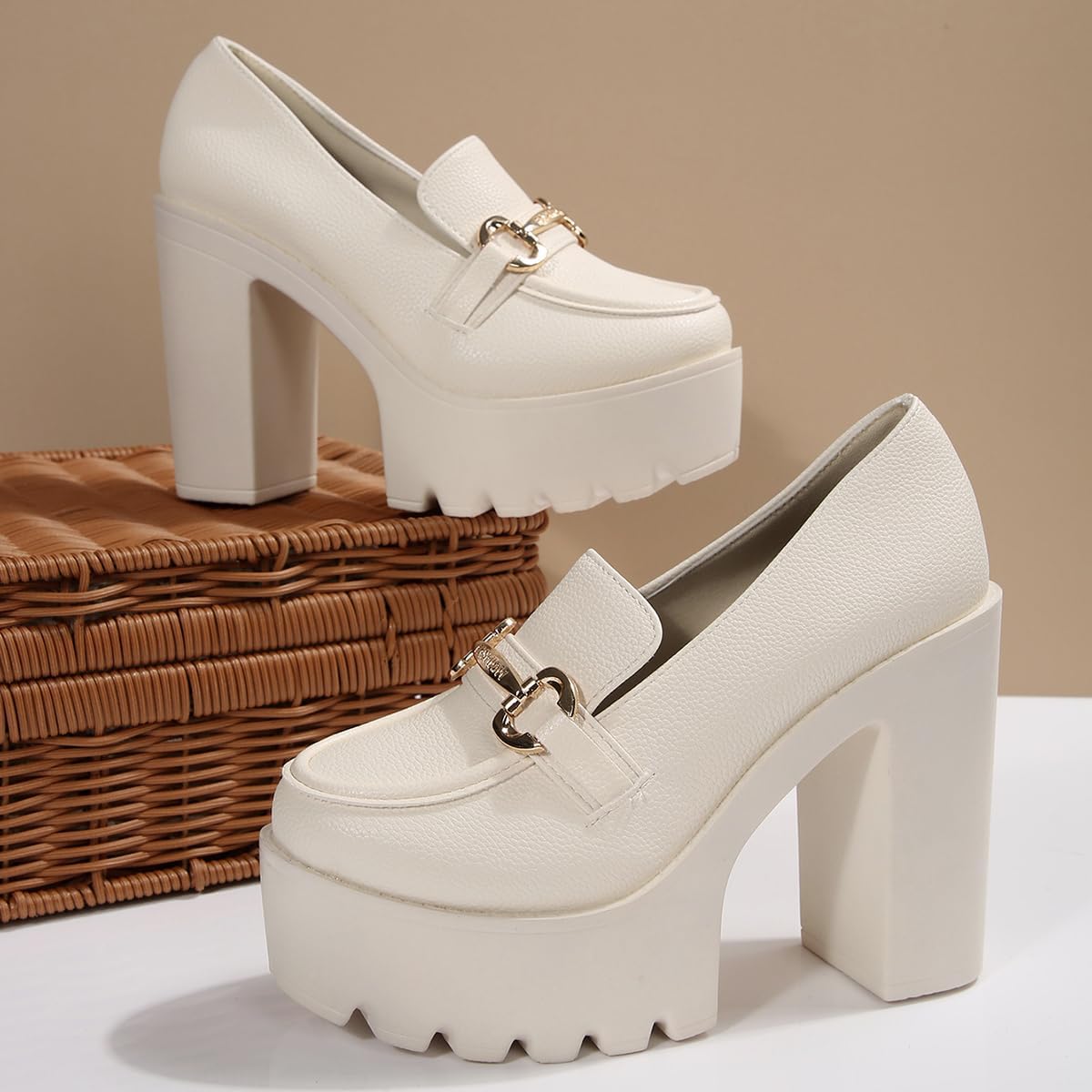 Womens Platform Heels Loafers Chunky High Heel Closed Toe Metal Buckle Shoes Penny Loafer Business Dress Work Pumps - Image 6