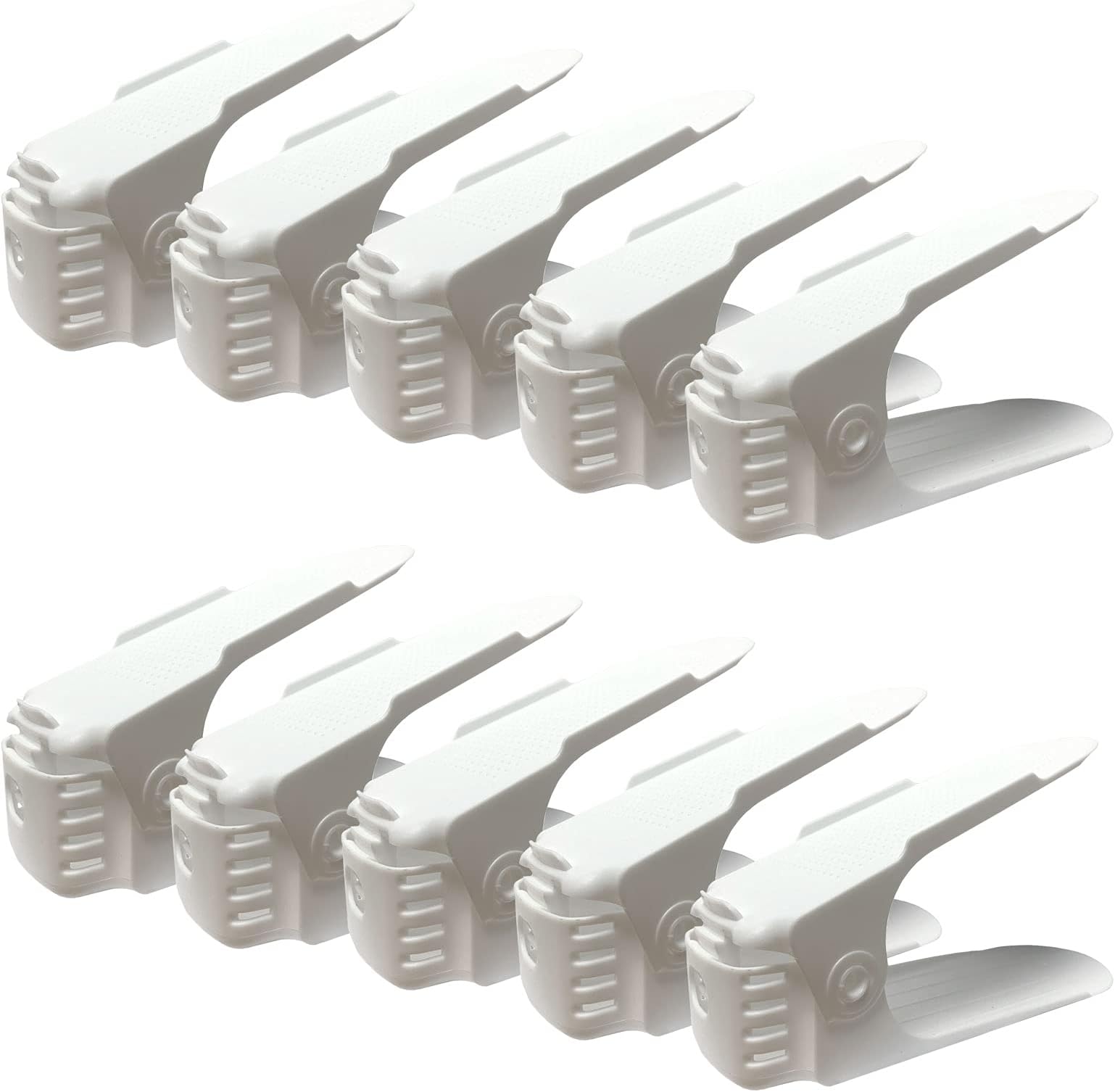 AMOS Shoe Slots Pack Of 10 Space-Saving Adjustable Shoe Storage Organiser with 3-Level Height, Non-Slip Shelf Holder, Plastic White