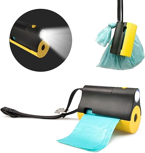 Soporte 3 en 1 para bolsas de excremento de perro con linterna LED integrada para correa y clip de metal para colgar bolsas usadas, dispensador de