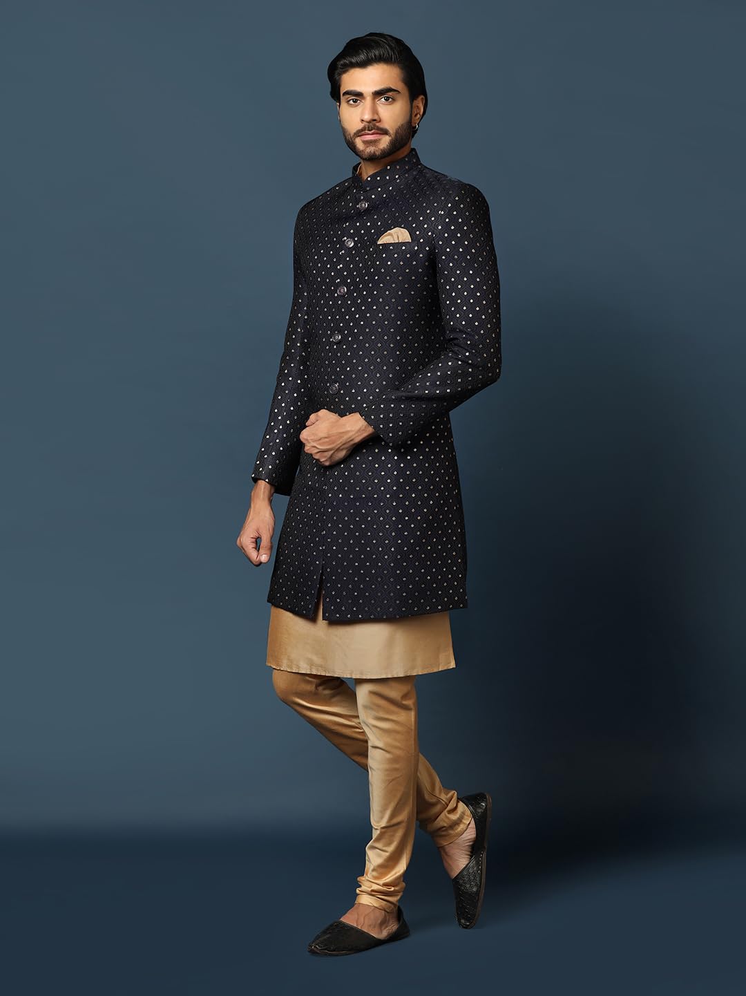 Kisah Men's Navy Blue And Golden Indo-Western Kurta Sherwani Churidar Set Cotton Full Sleaves, Knee Length, Straight, Regular Fit, Mandarin Collar Ethnic Wear