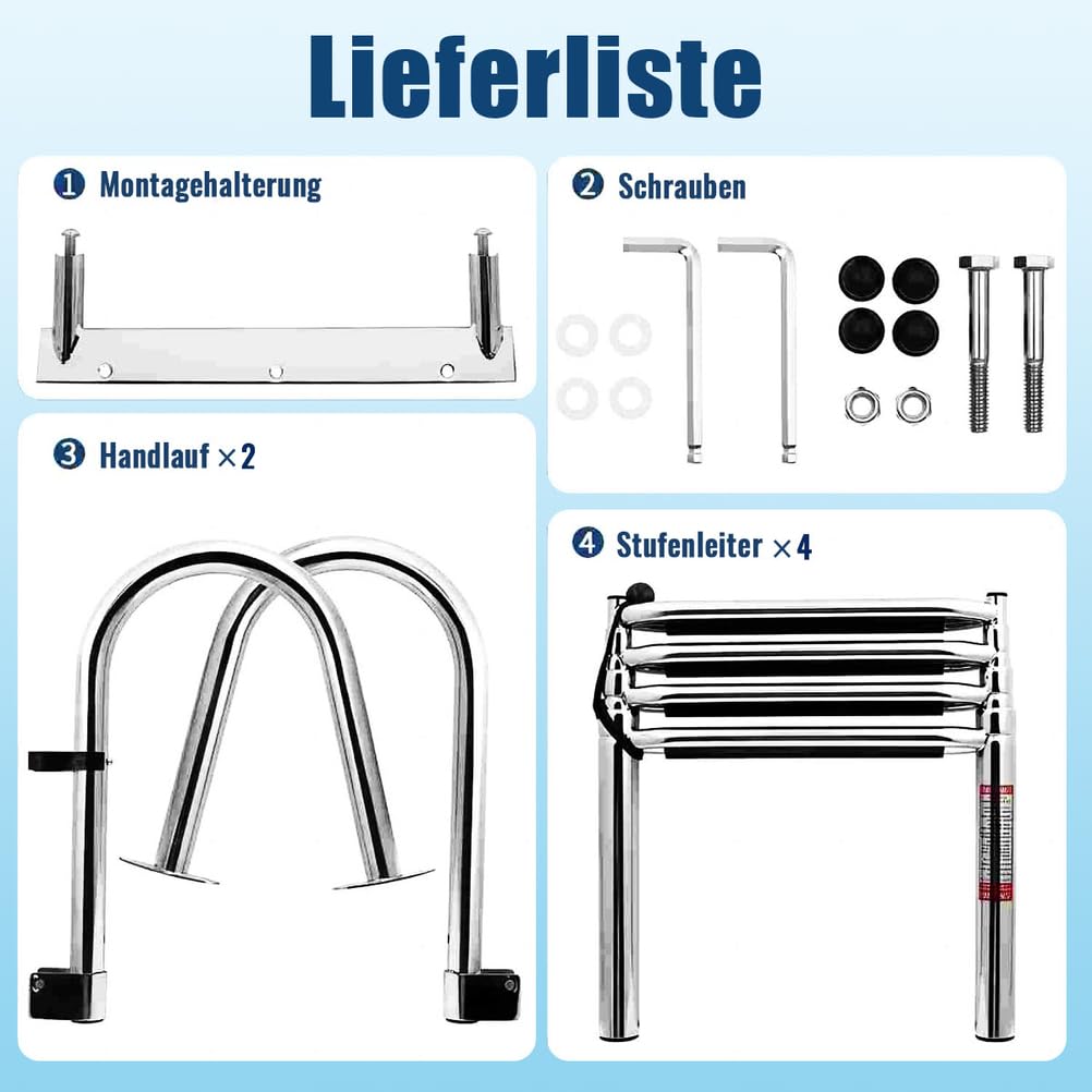 Scala per Piscina e Barca Inox 316 Pieghevole 4 Gradini | Gradini Antiscivolo, Con Corrimano, Profondità 100-150 cm, Resistente alla Ruggine, Per Piscine Fuori Terra e Barche