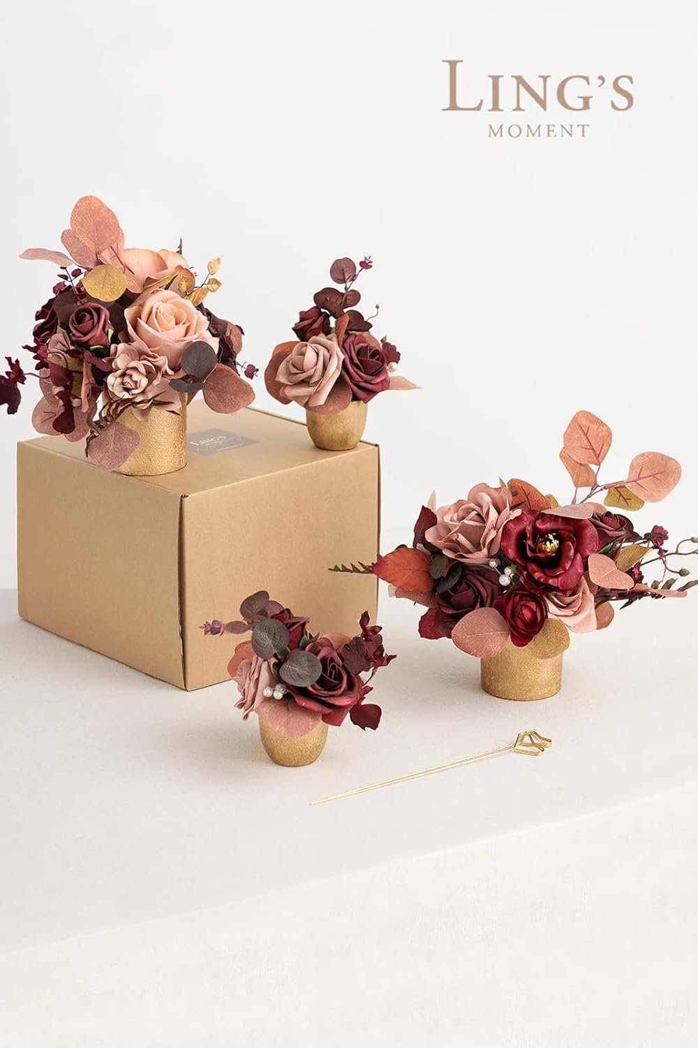 Ling's Moment Burgundy & Dusty Rose Artificial Flowers with Vase Wedding Decor Centerpiece Flower Potted for Ceremony Reception Tabletop Desk Flowers Mantel Archway Aisle, Fake Flowers Set of 4