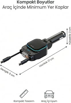 SC07 96W Araç Şarj Cihazı – PD3.0 & QC3.0 Hızlı Şarj, Çift Toplanabilir Kablo (Type-C + Lightning), LED Ekran, 12V-24V Uyumlu