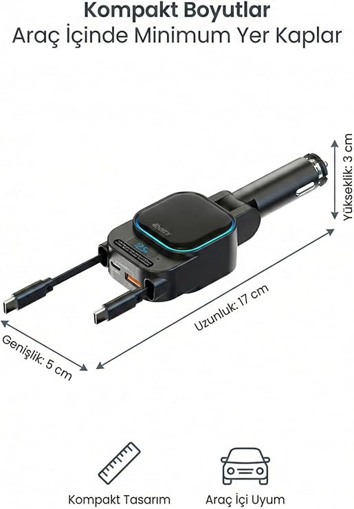 SC07 96W Araç Şarj Cihazı – PD3.0 & QC3.0 Hızlı Şarj, Çift Toplanabilir Kablo (Type-C + Lightning), LED Ekran, 12V-24V Uyumlu