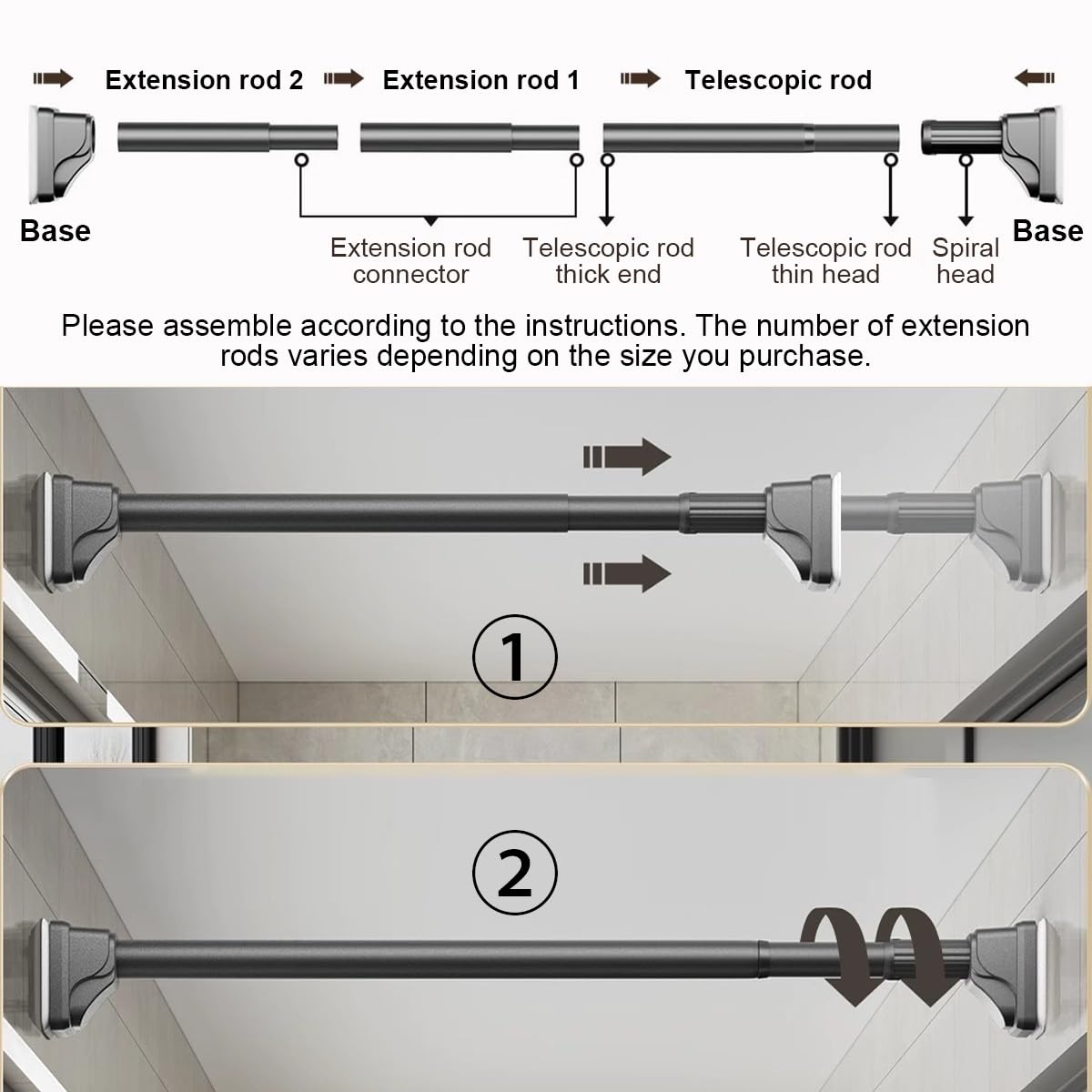 Asta telescopica regolabile, 40-490 cm, senza foratura, antiscivolo, diametro 32 mm, per finestre e armadi del bagno (acciaio inossidabile, 330-400 cm)