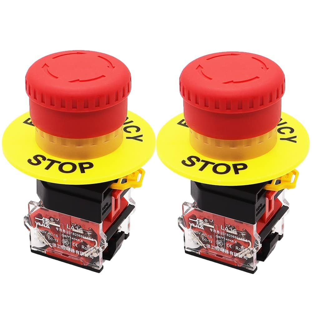 YIJIA 2PCS Red Sign Mushroom E-Stop Push Button Emergency