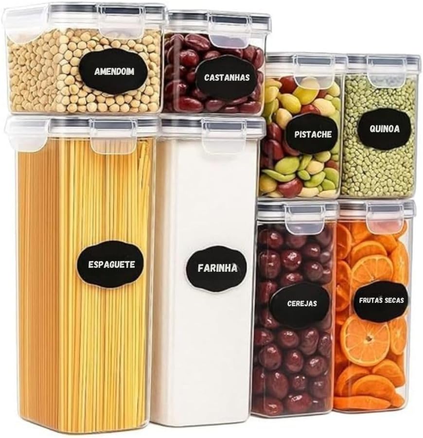 Kit 8 Potes Herméticos Transparentes com Tampa Vedante e Design Empilhável, para Alimentos Mantimentos e Organização