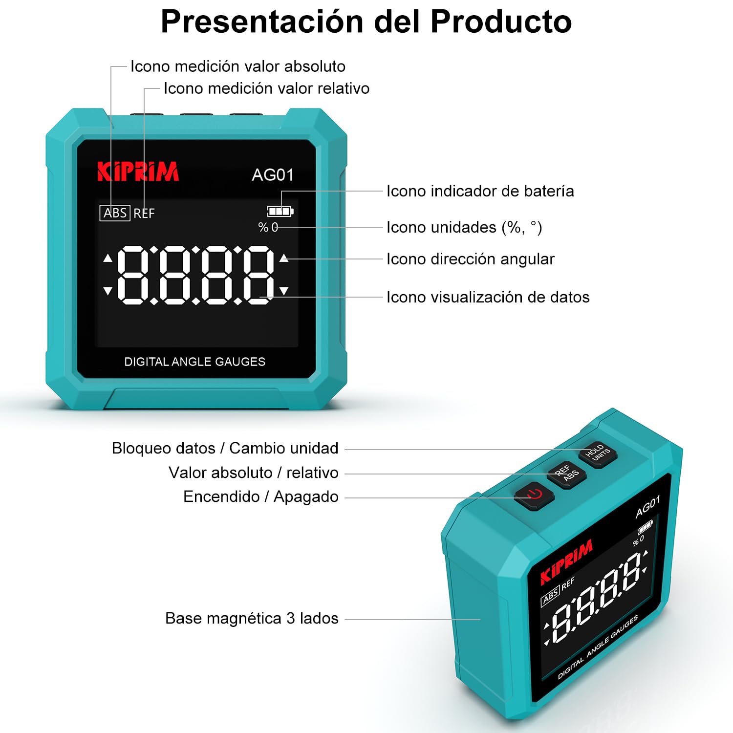 Kiprim Inclinómetro Digital 4x4 AG01 – Nivel Digital Magnética de 3 Lados, Retroiluminación LCD, Medición Absoluta/Relativa, Ideal para Trabajos de Madera, Construcción & Bricolaje