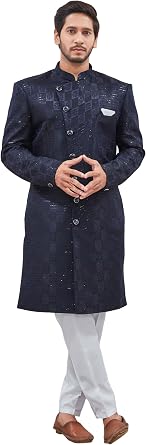 Indian Designer Wedding Festive Wear Mens Jacquard Indo-Western Sherwani Pajama Set