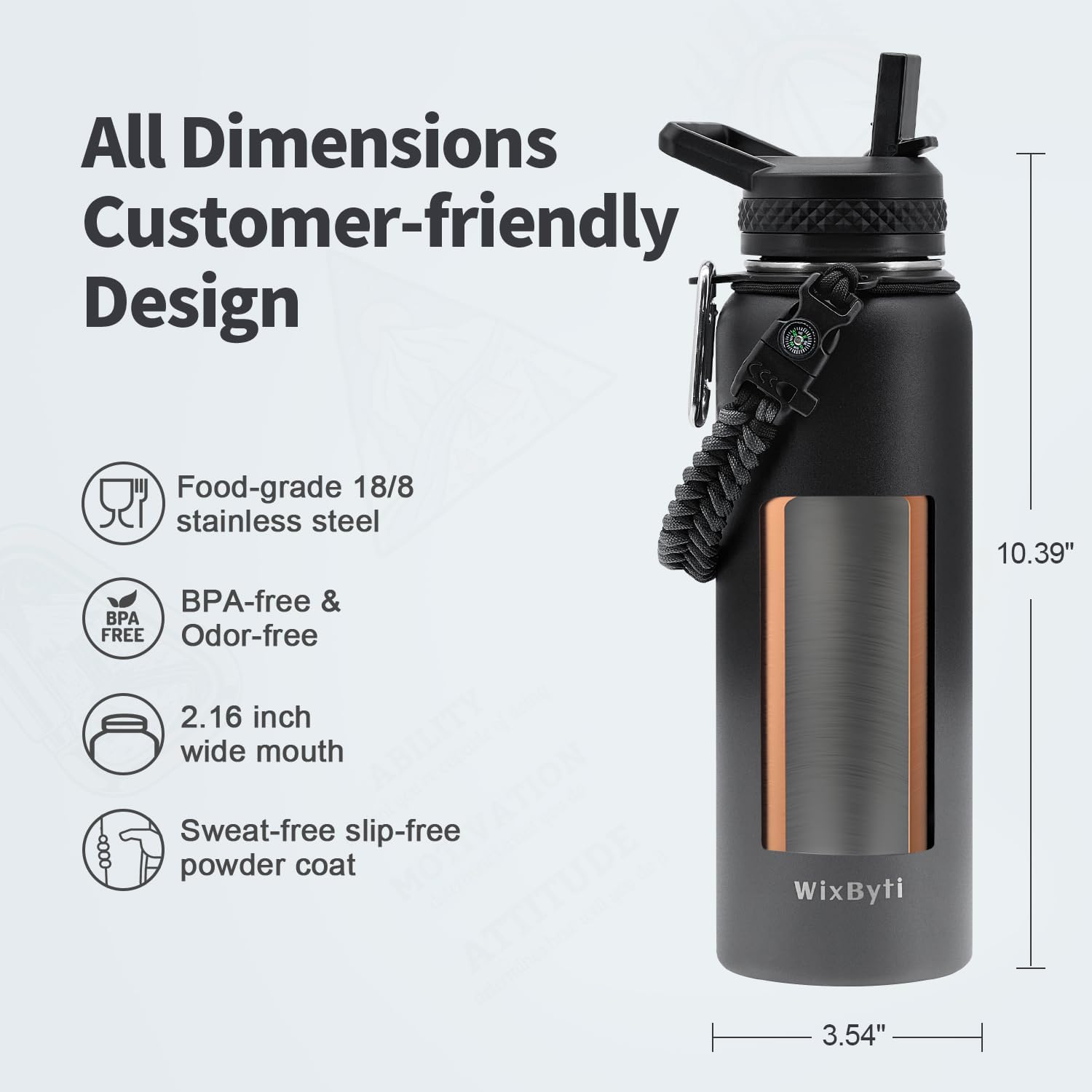 40 oz Insulated Water Bottle with Straw (Cold for 48 Hrs), Stainless Steel Triple Wall Vacuum Sports Water Jug, Leakproof Hydro Cup Flask with Paracord Handle & Straw Spout Lids & DIY Stickers - Image 6