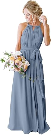 Womens Halter Pleated Chiffon Long Bridesmaid Dresses with Pockets Formal Dresses Evening Party Gown